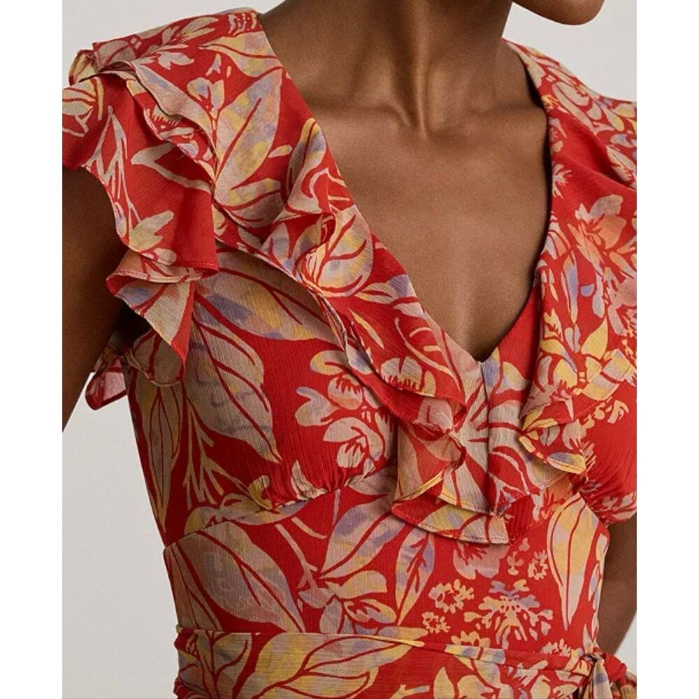 Lauren Ralph Lauren Printed Empire-Waist Shirring Long Dress Floral Red 2 - Picture 3 of 5